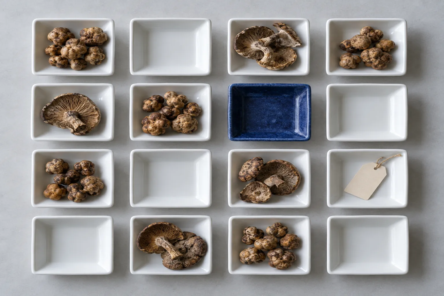 Fresh magic truffles and dried mushroom caps in a grid of small white dishes